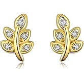 SLUYNZ Solid 925 Sterling Silver Tiny Leaf Earrings Stud for Women Teens CZ Leaf Stud Earrings