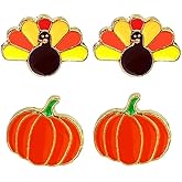 Pumpkin Turkey Stud Earrings Set Thanksgiving Fall Earring for Women Cute Autumn Harvest Jewelry Birthday Holiday Gifts Orange Yellow