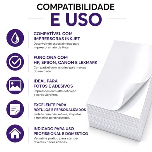 Papel Adesivo Fotográfico A4 Glossy 80g 100 Folhas Branco Alta Resolução Secagem Instantânea