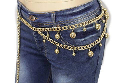 TFJ Women Fashion Belt Hip High Waist Metal Chain Balls Charms Plus M L XL Gold Color