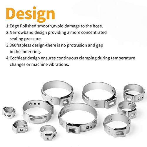 VIGRUE 100Pcs 304 Stainless Steel Single Ear Hose Clamps with Ear Clamp Pincer Stepless Hose Clamps for Securing Pipe Hoses and Automotive Use - Thumbnail 2