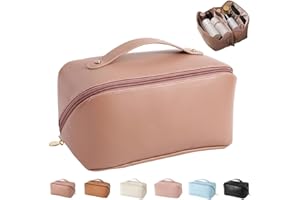 MINGRI Large Capacity Travel Cosmetic Bag for Women,Portable PU Leather Makeup Bag Water Resistant,Flat Open Multifunctional Storage Travel Toiletry Bag with Divider and Handle (Soft pink)