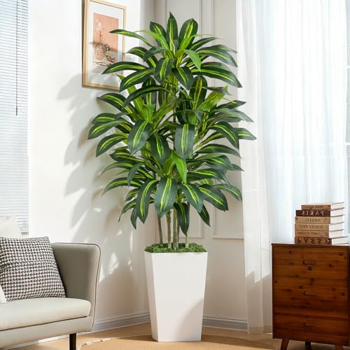 Keeplush Kunstpflanze Dracaena Pflanze 180cm mit Weißem Pflanzgefäß, Künstliche Pflanzen groß wie echt mit 108 Blätter, Kunstbaum groß für Innendekor Wohnzimmer Schlafzimmer Büro Garten Haus Decor