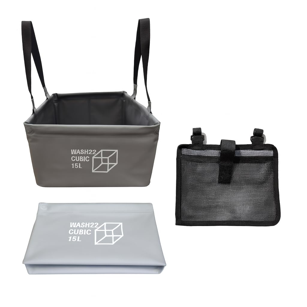 WASH22 Cubic 15L Collapsible Camping Bucket with Mesh Storage Bag – Grey