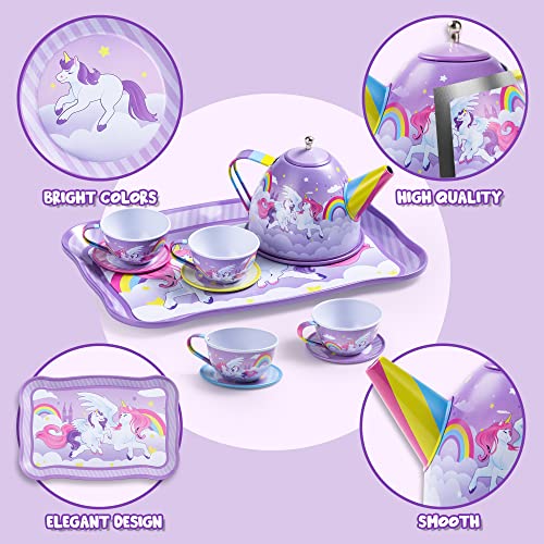 JOYIN Unicorn Tea Party Set for Little Girls, Pretend Purple Tin Teapot