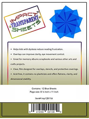 12 Pack - Colored Overlays, Transparency Dyslexia Reading Color Film Plastic Sheets, Correction Gel Lighting Filter, Full Page 8Â½" x 11", Blue