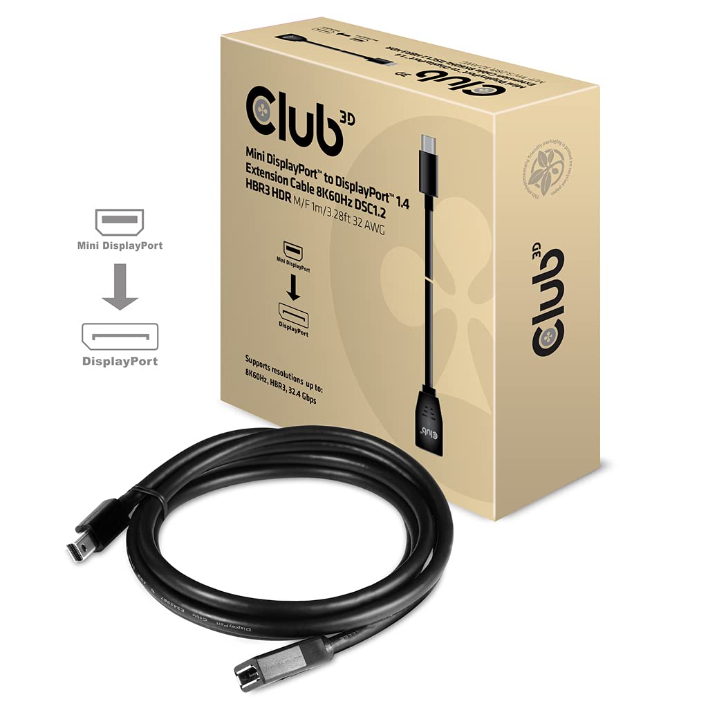 Club 3D Mini DisplayPortTM to DisplayPortTM 1.4 Extension Cable 8K60Hz DSC1.2 HBR3 HDR M/B. 1 Metre 32AWG