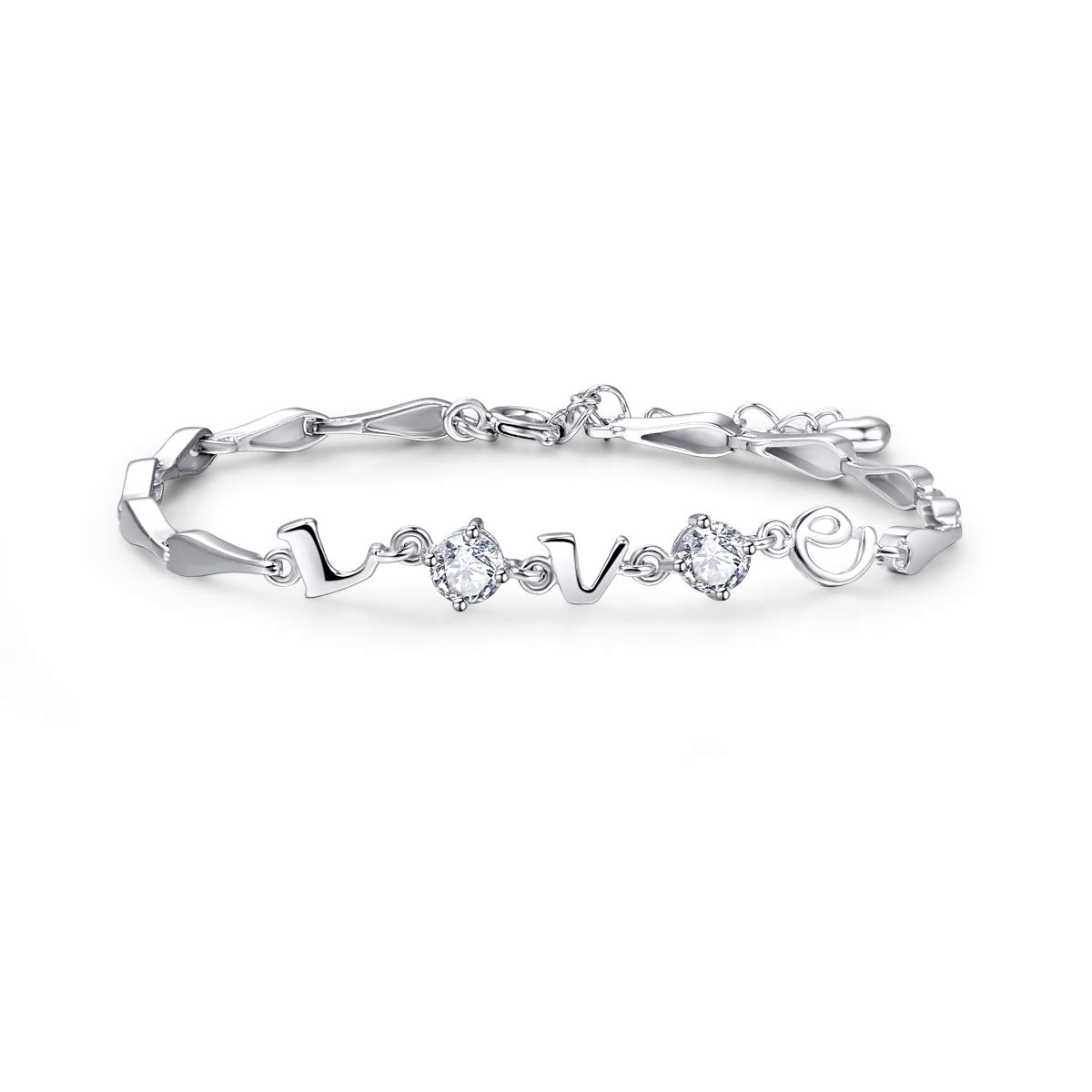 AVECON Womens Birthstone Bracelet Letter LOVE 925 Sterling Silver White Gold Plated Cubic Zirconia CZ Adjustable Link Chain