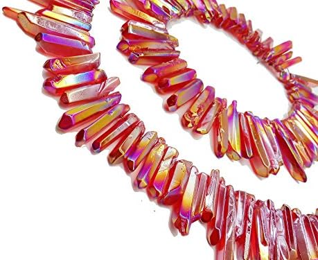 MOSOAO Red Crystal Points Titanium Coated Lemurian Seed Quartz Rough Sticks Spikes Point Beads 4.5oz Lot Average 30-75Pcs (Red)
