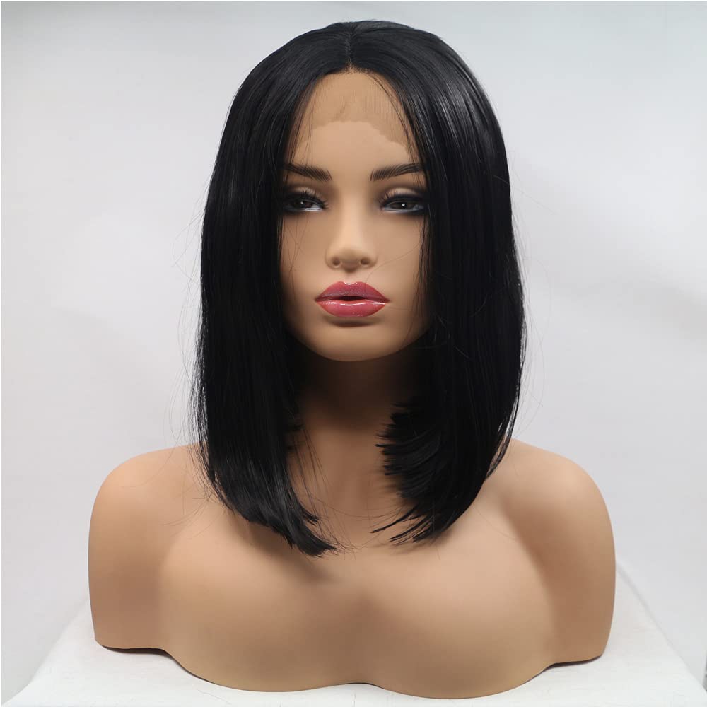 Xiweiya Silky Straight Short Bob Wigs For Black Women Black Color Short Haircut 13x3 Lace Synthetic Lace Front Wigs Middle Part Heat Resistant Fiber Hair 14" โ image 1