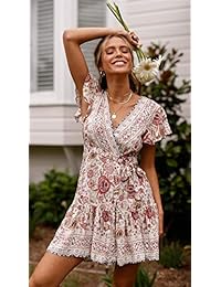 Byinns - Vestido de verano para mujer con estampado floral, vestido bohemio de forro sintético, mini vestido de té para fiesta de playa (tamaño: US2-20)