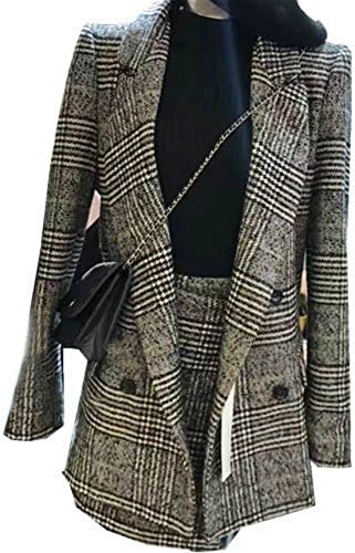 Jaywenlend Women's Woolen Tweed Jacket Coat With Skirt Business Blazer Two Set Suit (XL)