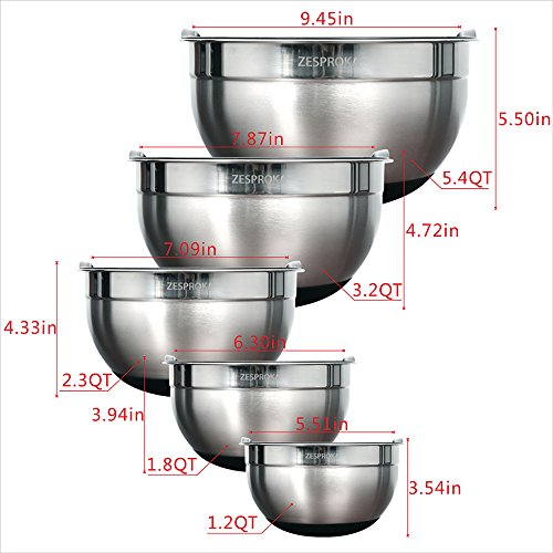 ZESPROKA Set of 5 Stainless Steel Nesting Mixing Bowls with Lids, Measurement Lines and Non-Stick Silicon Bottoms