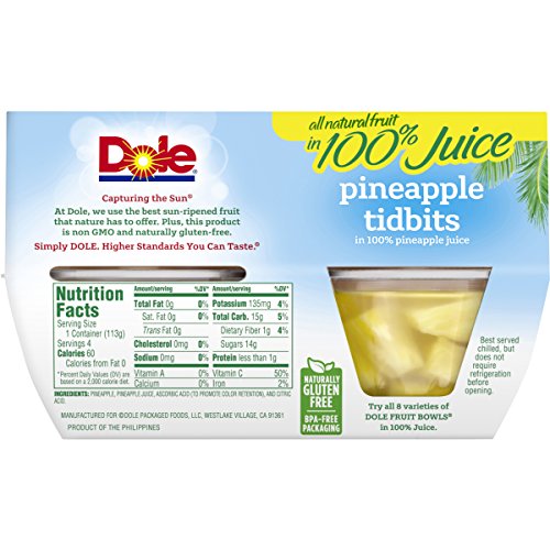 Dole Fruit Bowls Pineapple Tidbits In 100 Pineapple Juice 4 Ounce 4