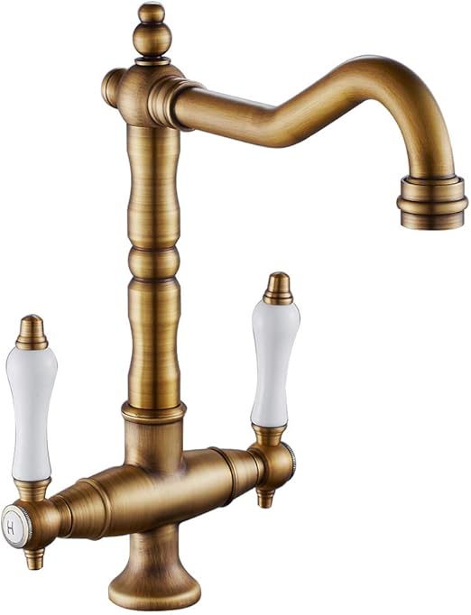 Kitchen Mixer Tap Antique Brass Kitchen Dual Lever Kitchen Mixer Tap with 2 Handle Cold and Hot