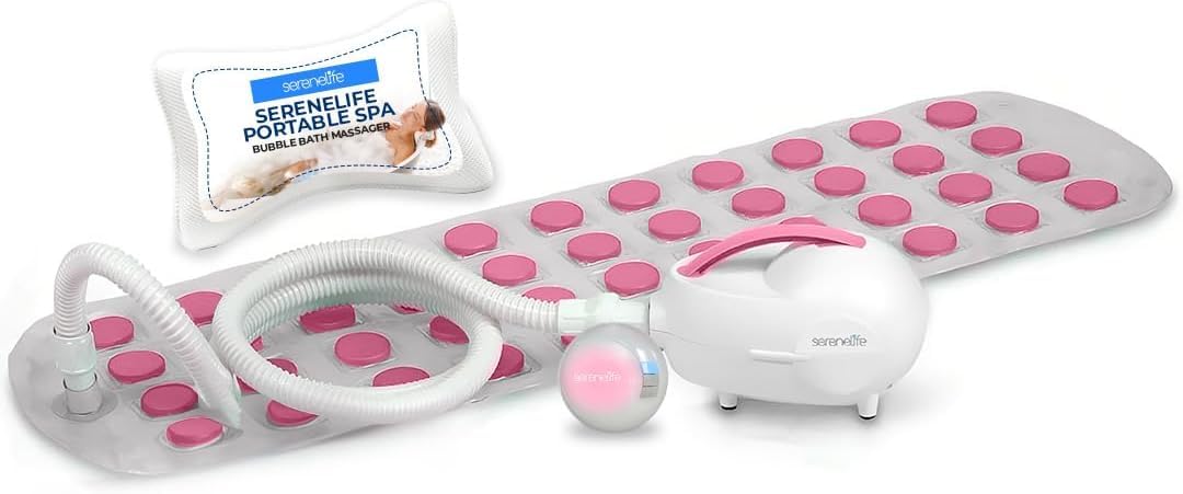 Photo 1 of SereneLife Bubble Bath Mat - Portable Spa Bubble Bath Massager with Waterproof Bath Light & Pillow, Adjustable Bubble Intensity, Easy Button Control, Remote Control (Pink)