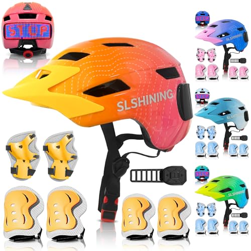 Kids Bike Helmet Toddler Helmet for Boys Girls Youth Kids with LED Lights Bicycle Helmets with Protective Gear Set Knee Elbow Wrist Pads for Cycling Skateboard Scooter Skating (Fits 20.5-22in)