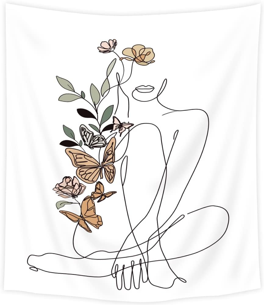 Tapestries - SVBright Abstract Woman Butterfly Tapestry 60Wx80H Simple Minimalist Modern Flower Plant Mid Century Terracotta Aesthetic Portrait Black White Wall Hanging Home Decor Art for Living Room Bedroom Dorm
