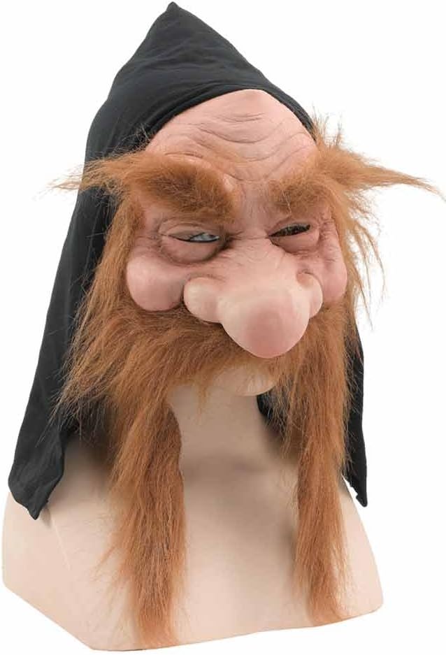 Gnome Dwarf Rubber Panto Mask with Light Brown Beard & Black Hood, Multi-colored