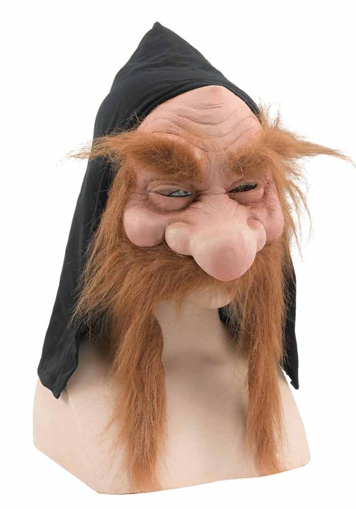 Gnome Dwarf Rubber Panto Mask with Light Brown Beard & Black Hood