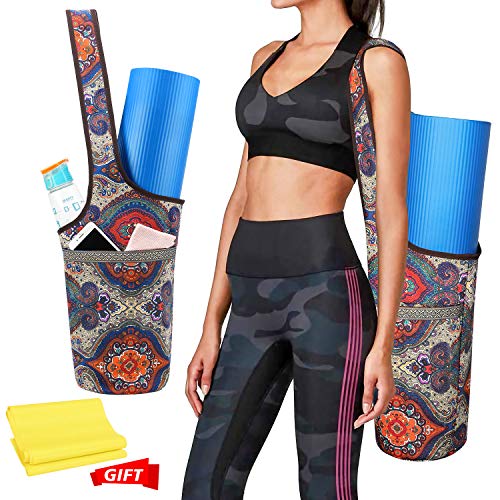 QKURT Yoga Mat Bag with Free Yoga Resistance Band, Yoga Mat Tote with Large Size Pocket and Zipper Pocket, Yoga Mat Carry Bag for Women Men – Fit Most Size Mats