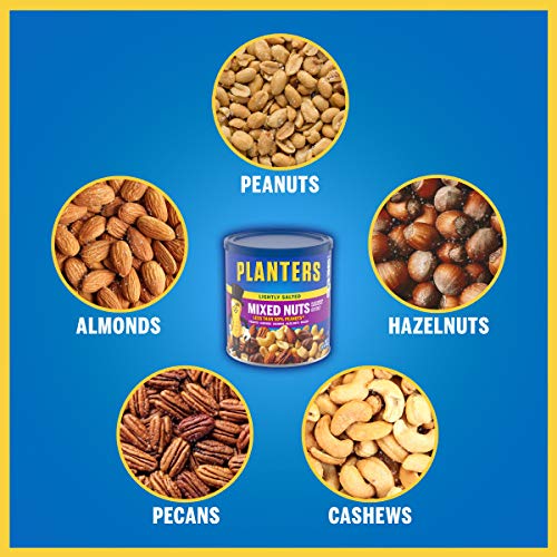 PLANTERS LIGHTLY SALTED MIXED NUTS, 15 OZ CANISTER – LESS THAN 50% PEANUTS BY WEIGHT (BREAK) ALMONDS, CASHEWS, PECANS, BRAZIL NUTS ROASTED IN PEANUT OIL – ON-THE-GO SNACK AND MOVIE SNACK – RESEALABLE CANISTER – KOSHER