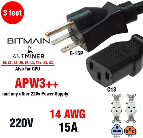 3ft 14 AWG NEMA 6-15P to C13 Power Cord Rated up to 15A 250V NEMA 6-15P cUL CSA (Black)