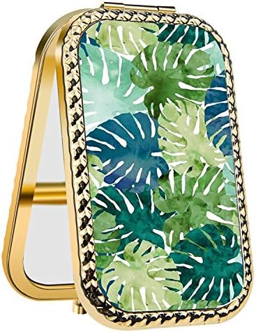 Specialized Design Rectangle Golden Philodendron Portable makeup mirror, Travel Compact Portable Pocket Folding Makeup Vanity Cosmetic Mirror for Women