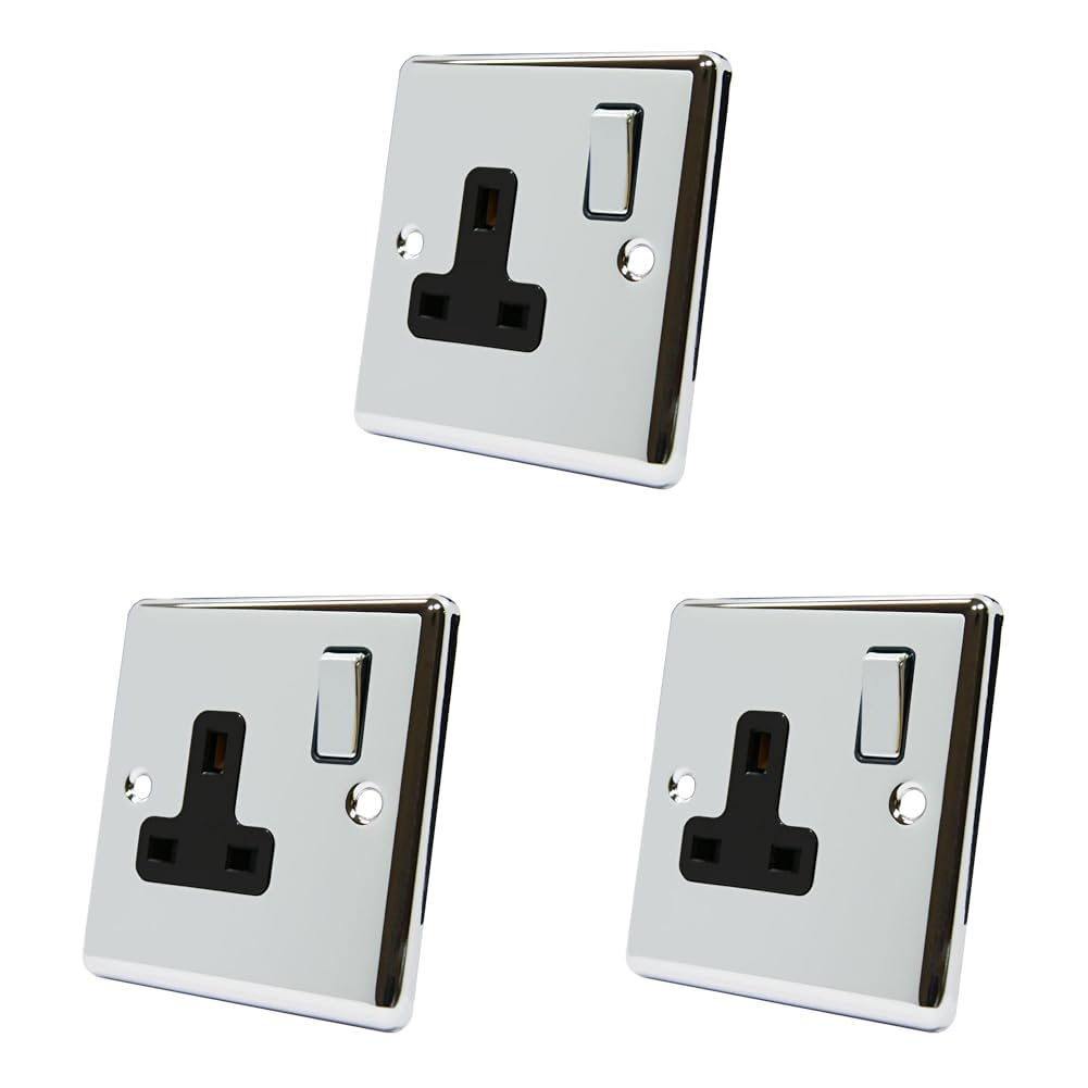 AET CPC1GSOCBC Polished Chrome Classical 1 Gang Black Insert Metal Rocker Switch-13 Amp Single Plug Socket (Pack of 3)