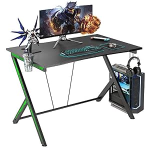 GALAXHERO 45.2″ Large Gaming Desk, Gamer Computer Desk with Headphone Hook and Cup Holder, Home Office PC Workstation for E-Sports Use, Free XL Mouse Pad, Black&Green, GX-PS