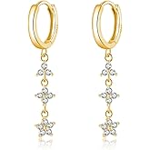 Reffeer Solid 925 Sterling Silver CZ Flower Chain Dangle Earrings for Women Teen Girls Chain Drop Hoop Earrings