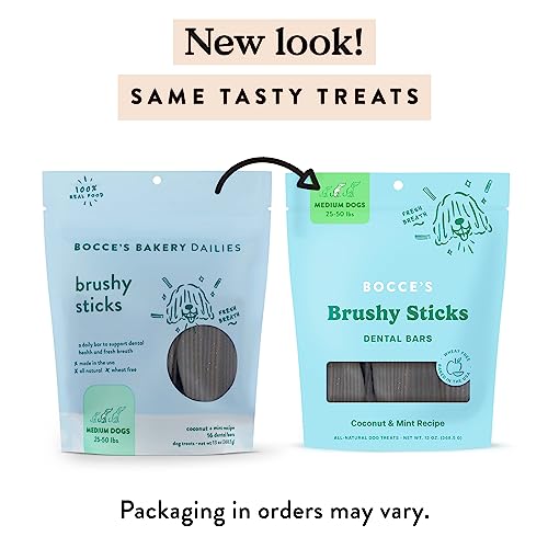 BOCCE’S BAKERY DAILIES BRUSHY STICKS TO SUPPORT ORAL HEALTH & FRESH BREATH, WHEAT-FREE DENTAL BARS FOR DOGS, MADE WITH REAL INGREDIENTS, BAKED IN THE USA, ALL-NATURAL COCONUT & MINT, MEDIUM DOGS