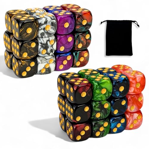 Luck Lab 48 Pack of 16mm Marble Swirl D6 6 Sided Dice Set with Round Corners - Board Game Dice for MTG DND Tenzi Farkle Yahtzee Bunco or Learning Math (Gold Pip Multicolor Swirl)