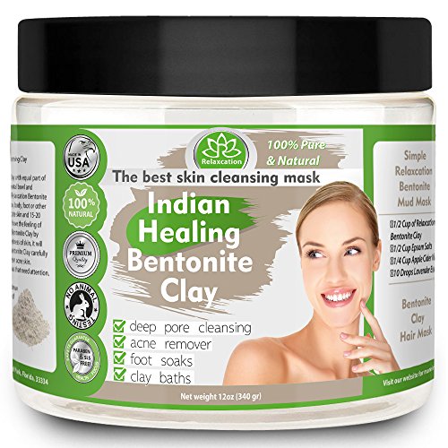 Indian Healing Clay, Pure & Natural Bentonite Clay, Deep Pore Cleansing Mask, Face Skin Care, Detoxifying Wyoming Organic Clay/Acne Remover & Rejuvenating Skin â€“ Made in USA