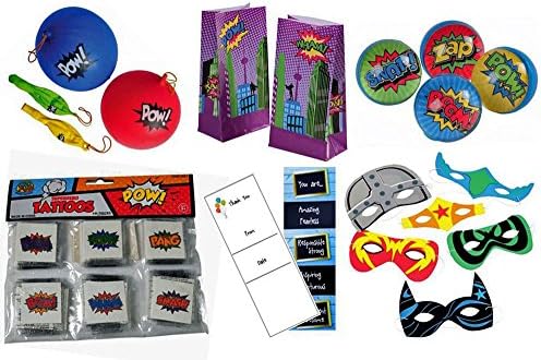 204 Piece Super Hero Birthday Party Favor Bundle: (144 Assorted Tattoos, 12 Punch Balls, 12 Masks,12 Bounce Balls, 12 Thank You Bookmarks, and 12 Loot Bags. Serves 12.
