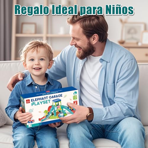 Lehoo Castle Juguetes para Niños 1 2 3 Años, Regalos de Cumpleaños, Tobogán de Elefante con 4 Coches de Animales, Juguetes Educativos para Bebés 12-18 Meses, Pista de Coches Empujables para Niño