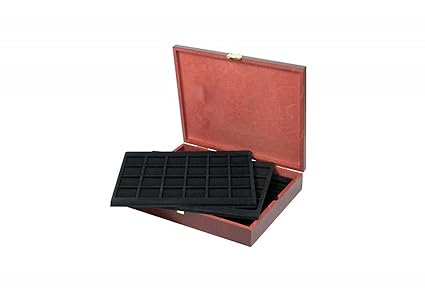 Echtholz-Münzkassette mit 5 schwarzen Münztableaus [Lindner S2495], Format: 305 x 245 x 55 mm - Veloureinlagen: S2124CE (Für 