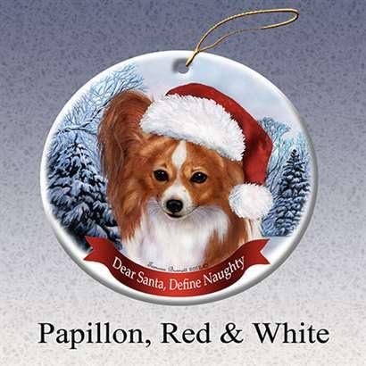Holiday Pet Gifts Papillon, Red and white Santa Hat Dog Porcelain Ornament
