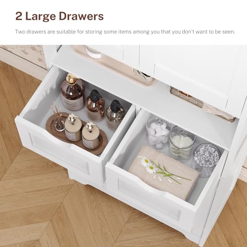 TEENFON 57.8" H Tall Bathroom Cabinet, Storage Cabinet with Adjustable Shelf & 2 Drawers, Bathroom Storage Cabinet with 4 Doors for Living Room, Dining Room, White