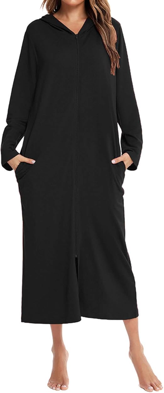 Lu's Chic Women's Zipper Front Robe Hooded Bathrobe Full Length Zip