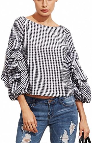 Women Casual Shirts Tops 3/4 Sleeve Shirt Loose Blouse Ladies Office Shirts Black Gingham Billow Sleeve Top Blouse