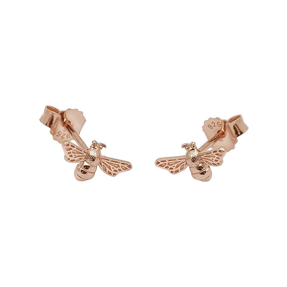 Kiara Jewellery Sterling Silver Rose Gold Plated Flying Bumble Bee Hypoallergenic Stud Earrings.