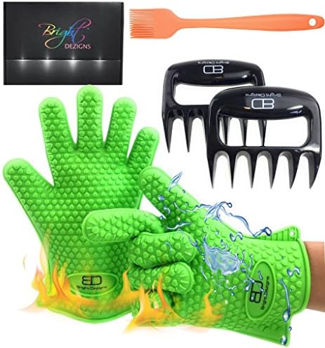Heat Proof Silicone Gloves for Grilling, Oven, BBQ. Silicone Basting Brush and Bear Claws Meat Shredder 3 in 1 barbecue set ideal for lifting roasts and pulling meats. Gift boxed