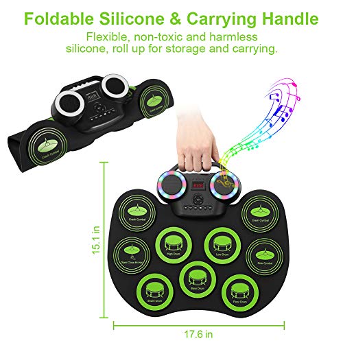 VOLADOR Electronic Drum Set, 9 Pads Roll Up Electric Drum Kit With Bluetooth, 2 Built-in Speaker, Headphone Jack, Portable Digital Midi Practice Drum Pad for Kids Beginners