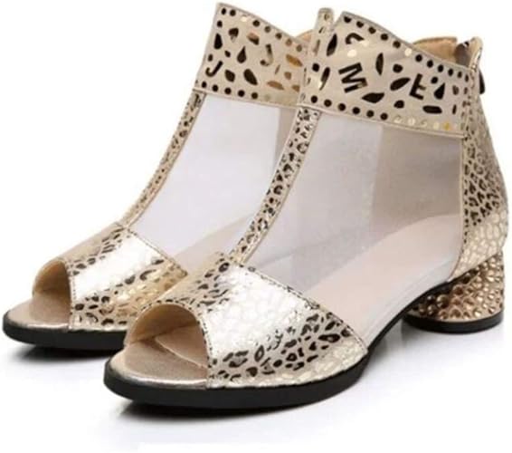 Amazon スタジオ ブーツサンダル サマーブーツ サンダル レディース オープントゥ 3 5cmヒール シースルー 透かしメッシュ 太ヒール ブーツ ゴールド シルバー 小さいサイズ 大きいサイズ 美脚 通勤 通気性 蒸れない おしゃれ ブーサン ファッションサンダル