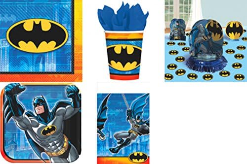 Batman Party Pack for 16 by Amscan Includes Desert Plates, Beverage Napkins, Cups, Table Cover and Table Decorations