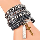 Y-BLUE Leather and Rope Bracelet Unisex Cool Fashion Punk Multilayer Cuff Lettering and Cross