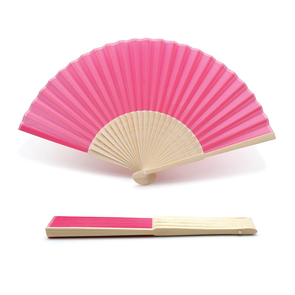 OLILLY - 50 Quality Fans in Bright Pink Fabric and Bamboo (Hot Pink, 50 Fans)