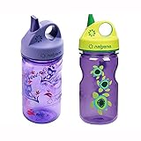 Nalgene Grip-N-Gulp Kids / Children's Tritan Water Bottles 12oz - 2 Bottle Combo Pack - 3 Inches in Diameter by 7.75 Inches Tall (12oz, Set of 2, Purple Hoot and Purple Sea Turtle)