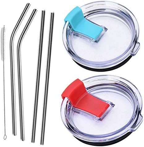 7-Piece Set – 4 Extra Long Stainless Steel Straws, Cleaning Brush & 2 Tumbler Lids for 30 oz Yeti Rambler RTIC Ozark Trail Stainless Steel Tumbler Travel Mug – Good for Smoothies Sports Drinks Coffee